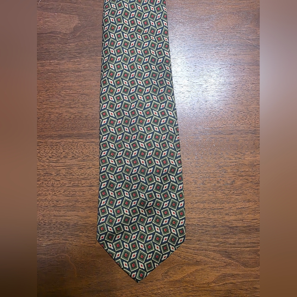 Vtg J.Crew Silk Tie | Geometric Diamond Pattern | Olive Red Navy | Made in USA